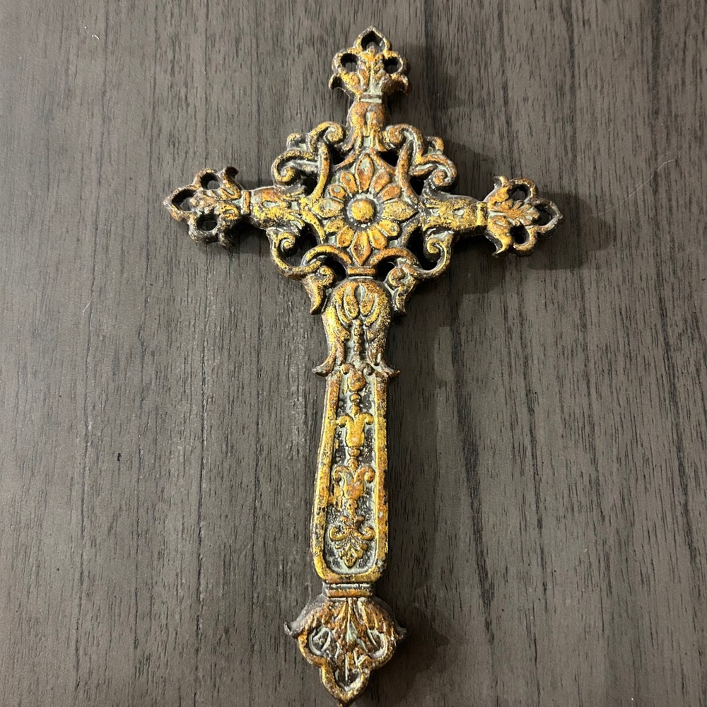 Vintage Ornate Cast Metal Wall Cross Gold Bronze Distressed Scroll Floral 10in